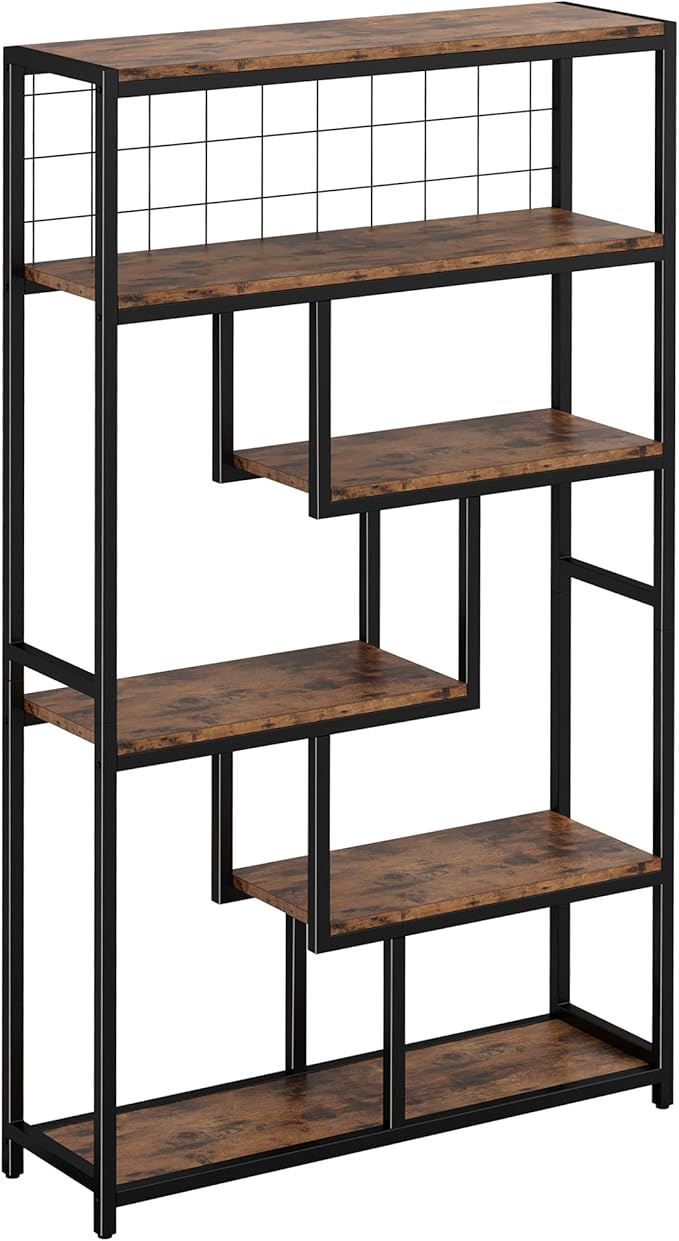 IRONCK Bookshelves 6 Tiers, Industrial Etagere Heavy Duty Shelves for Living Rooom, Office Storage Geomeric Display Boocase, Vintage Brown