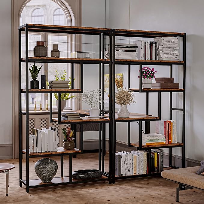 IRONCK Bookshelves 6 Tiers, Industrial Etagere Heavy Duty Shelves for Living Rooom, Office Storage Geomeric Display Boocase, Vintage Brown